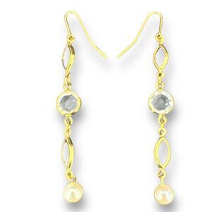 MONET Dangle Earrings Clear and Black Rhinestone Faux Pearl Gold Tone